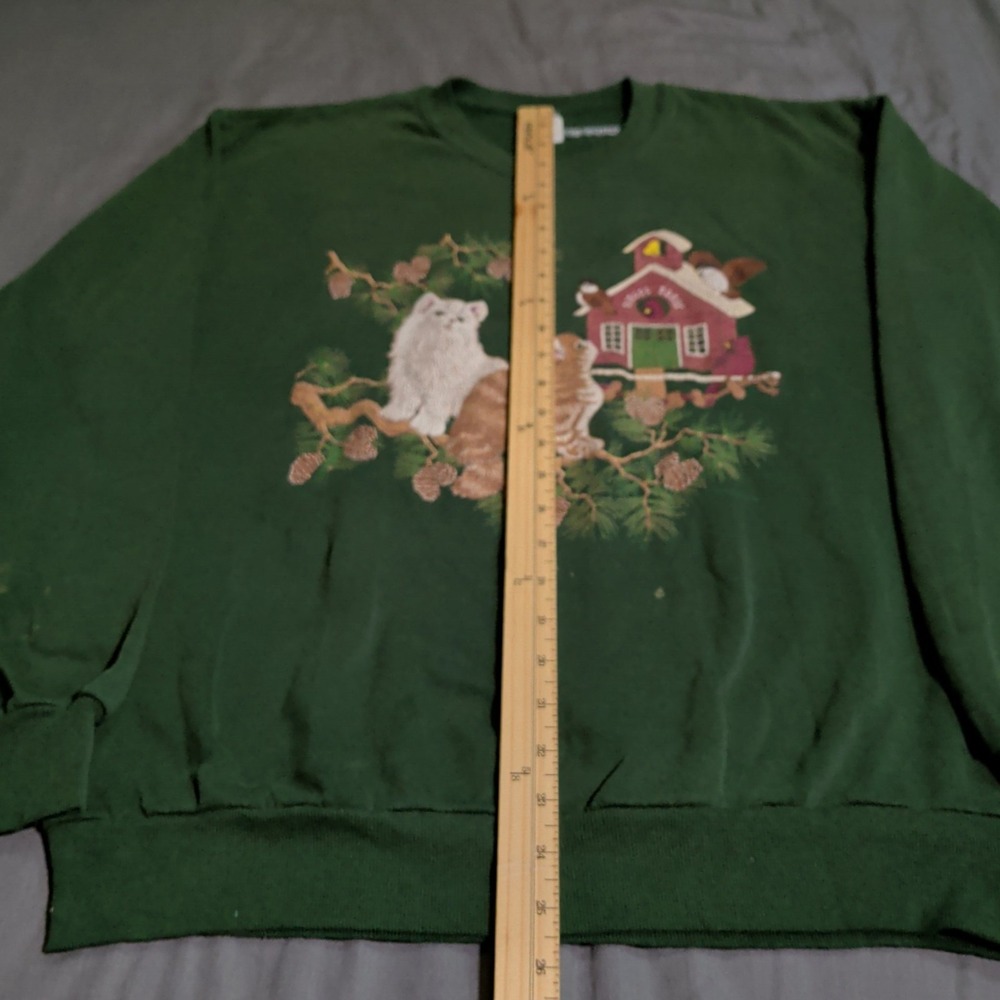 Vintage Jerzees Kitten Sweatshirt Womens Size Large Green Cat Crewneck Grandma - Picture 5 of 11